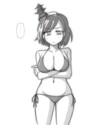 Rule 34 | ..., 1girl, bikini, breasts, cleavage, cowboy shot, crossed arms, greyscale, hair ornament, headgear, highres, kantai collection, large breasts, looking at viewer, monochrome, side-tie bikini bottom, solo, spoken ellipsis, swimsuit, tatahai, yamashiro (kancolle)