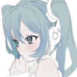 Rule 34 | 1girl, aqua eyes, aqua hair, aqua theme, bare shoulders, colored eyelashes, commentary, english commentary, from side, hair between eyes, hair intakes, hakudaku, hands up, hatsune miku, hatsune miku (nt), headphones, headset, highres, light blush, limited palette, long hair, looking afar, looking ahead, looking away, own hands together, parted lips, partially colored, piapro, portrait, shirt, simple background, sleeveless, sleeveless shirt, solo, sparkling eyes, star (symbol), star in eye, symbol in eye, twintails, unfinished, vocaloid, white background