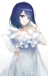 Rule 34 | 1girl, absurdres, bare shoulders, blue eyes, blue hair, bracelet, breasts, cleavage, closed mouth, collarbone, commentary, cowboy shot, dress, frilled dress, frills, highres, jewelry, jinribbit, kurokawa akane, looking at viewer, medium breasts, medium hair, multiple rings, necklace, off-shoulder dress, off shoulder, oshi no ko, ring, simple background, smile, solo, white background, white dress