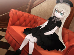 Rule 34 | 1girl, black dress, black gloves, black hat, blonde hair, bow, bowtie, colored skin, couch, death mark, doll, doll girl, doll joints, dress, empty eyes, expressionless, gloves, green eyes, grey bow, grey bowtie, hands on lap, hat, hat bow, highres, joints, long hair, mary (death mark), on couch, original, short sleeves, sitting, solo, sumiyao (amam), very long hair, white skin