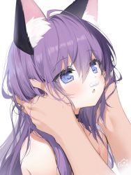 Rule 34 | 1girl, 1other, ahoge, animal ear fluff, animal ears, bare shoulders, blue eyes, byulzzi, cat ears, cat girl, choker, cream, food, food on face, hands on another&#039;s face, long hair, open mouth, original, purple hair, topless, upper body