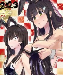 2023 2girls animal_ears bare_shoulders black_leotard blunt_bangs blush breast_envy breasts brown_hair closed_mouth collarbone commentary_request covered_navel fake_animal_ears flat_chest folded_ponytail furrowed_brow green_eyes highres juujou_hiyori large_breasts leotard long_hair mashitono_desu multiple_girls parted_lips playboy_bunny rabbit_ears sidelocks standing strapless strapless_leotard sweatdrop toji_no_miko wrist_cuffs yanase_mai