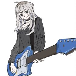 Rule 34 | 1girl, black shirt, blush, closed mouth, commentary request, electric guitar, ggzi152437, girls band cry, grey hair, guitar, holding, holding guitar, holding instrument, instrument, kawaragi momoka, long sleeves, plant roots, playing guitar, shirt, simple background, smile, solo, sweatdrop, upper body, white background