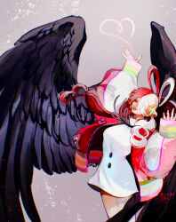 Rule 34 | 1girl, arm up, black wings, dress, feet out of frame, hair over one eye, headgear, heart, highres, long hair, low-tied long hair, low twintails, multicolored clothes, multicolored hair, one piece, one piece film: red, open mouth, philandresi, puffy sleeves, red hair, short dress, teeth, twintails, two-tone hair, uta (one piece), white dress, white hair, wings