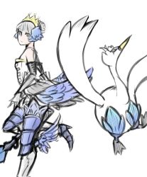 Rule 34 | 1girl, ankle wings, armor, bare shoulders, creatures (company), crossover, crown, drawfag, dress, elbow gloves, faulds, feather hair ornament, feathers, game freak, gen 5 pokemon, gloves, grey eyes, gwendolyn (odin sphere), hair ornament, high heels, highres, leg wings, nintendo, odin sphere, pokemon, pokemon (creature), short hair, silver hair, strapless, strapless dress, swanna, wings
