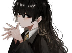 Rule 34 | 1girl, black eyes, black hair, blush, clothing request, collar, facing to the side, finger to mouth, hair behind ear, highres, long hair, looking at viewer, mole, mole under eye, necktie, original, own hands together, pikuson, school uniform, shirt, tagme, upper body, white shirt, yellow necktie