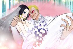Rule 34 | 1boy, 1girl, black hair, blonde hair, blue eyes, boa hancock, bouquet, breasts, bridal veil, carrying, cleavage, couple, donquixote doflamingo, dress, earrings, elbow gloves, feather coat, flower, formal, gloves, height difference, hetero, highres, husband and wife, jacket, jewelry, large breasts, long hair, long sleeves, looking at another, makimakimakiba, one piece, princess carry, short hair, smile, snake earrings, suit, sunglasses, veil, very long hair, wedding, wedding dress, white dress, white jacket, white suit
