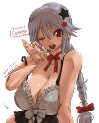 Rule 34 | 1girl, amania orz, bow, braid, braided ponytail, breasts, cleavage, collarbone, commentary request, frills, hair bow, hair ornament, large breasts, milestone celebration, neck ribbon, one eye closed, open mouth, original, red bow, red eyes, red ribbon, ribbon, shadow, sidelocks, simple background, smile, solo, star (symbol), star hair ornament, strap slip, upper body, white background