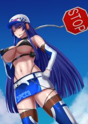 Rule 34 | 1girl, action taimanin, alternate costume, artist request, ass, blue hair, blue sky, breasts, cleavage, hand on own hip, highleg, highleg panties, highres, hime cut, large breasts, lips, long hair, looking at viewer, midriff, miniskirt, navel, official alternate costume, panties, race queen, red eyes, revealing clothes, shiny clothes, shiny skin, showgirl skirt, simple background, skirt, sky, solo, standing, sweat, taimanin (series), taimanin asagi, taimanin murasaki, thong, underwear, very long hair, white background, wide hips, yatsu murasaki