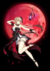 Rule 34 | 1girl, arm garter, arm up, armpits, bare shoulders, black background, black choker, black dress, black footwear, black hair, blonde hair, breasts, choker, cleavage, closers, dress, floating hair, full body, gradient hair, harpy (closers), high heels, highres, lantern, large breasts, leg up, long hair, moon, multicolored hair, nail polish, non-web source, official art, open mouth, outstretched arm, red moon, short dress, solo, strapless, strapless dress, thighs, two-tone dress, two-tone hair, white dress
