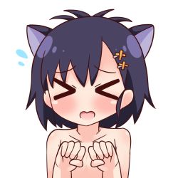 Rule 34 | &gt; &lt;, 1girl, animal ears, black hair, collarbone, commentary request, facing viewer, flying sweatdrops, gabriel dropout, hair between eyes, hair ornament, hairclip, hana kazari, hands up, kemonomimi mode, nude, open mouth, simple background, solo, vignette tsukinose april, white background, x hair ornament