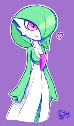 Rule 34 | 1girl, 2017, artist name, blueman282, breasts, collarbone, creatures (company), dated, female focus, game freak, gardevoir, gen 3 pokemon, green hair, hair over one eye, heart, medium breasts, nintendo, outline, pink eyes, pokemon, pokemon (creature), pokemon rse, purple background, short hair, signature, simple background, smile, solo, standing, text focus