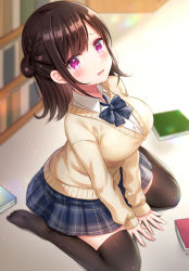 Rule 34 | 1girl, absurdres, beige cardigan, blue neckwear, blue skirt, blurry, blurry background, blush, book, bookshelf, breasts, brown hair, cardigan, collared shirt, commentary request, highres, large breasts, library, long hair, long sleeves, looking at viewer, no shoes, original, plaid, plaid neckwear, plaid skirt, pleated skirt, purple eyes, school uniform, shirt, sitting, skirt, soles, tearing up, tears, umishima rinta, wariza, wavy mouth, white shirt