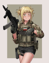 Rule 34 | 1girl, absurdres, alternate costume, ammunition pouch, angled foregrip, assault rifle, belt, black gloves, black pants, blonde hair, blunt bangs, body armor, boku no hero academia, border, camouflage, camouflage jacket, cropped legs, denim, denim shorts, double bun, eotech, female soldier, foregrip, glock, gloves, grey background, gun, hair bun, handgun, highres, holding, holding weapon, holster, holstered, jacket, kotwica (symbol), load bearing vest, looking to the side, mardjan, medium hair, messy hair, military, military jacket, military operator, military uniform, open collar, optical sight, outside border, pants, bulletproof vest, poland, polish army, polish flag, pouch, rifle, short shorts, shorts, sleeves rolled up, smile, smug, soldier, solo, tactical clothes, thigh holster, thigh strap, thighhighs, toga himiko, trigger discipline, two-tone background, uniform, utility belt, vest, weapon, white border, yellow eyes, zettai ryouiki, zipper