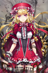 Rule 34 | 1girl, black thighhighs, blonde hair, cape, cinia pacifica, cocoon (loveririn), dress, flower, frills, hat, lolita fashion, long hair, pink eyes, pink flower, pink rose, purple eyes, purple flower, purple rose, red dress, red skirt, ribbon, rose, skirt, solo, sword girls, thighhighs, wrist cuffs, wrist ribbon, zettai ryouiki