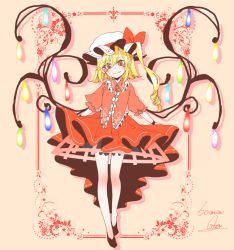 Rule 34 | 1girl, alternate costume, bad id, bad pixiv id, blouse, brooch, clothes lift, curtsey, flandre scarlet, full body, hat, head tilt, jewelry, legs, looking at viewer, mob cap, shirt, shoes, short hair with long locks, side ponytail, skirt, skirt lift, smile, solo, souta (karasu no ouchi), touhou, wings