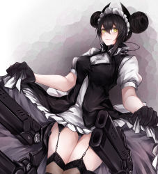 Rule 34 | 1girl, agent (girls&#039; frontline), black dress, black gloves, black hair, black thighhighs, blush, breasts, closed mouth, clothes lift, commission, double bun, dress, dress lift, feet out of frame, garter straps, girls&#039; frontline, gloves, hair bun, highres, lips, maid, maid headdress, marche mk14, medium breasts, medium hair, revision, sangvis ferri, simple background, skeb commission, smile, solo, standing, thighhighs, yellow eyes