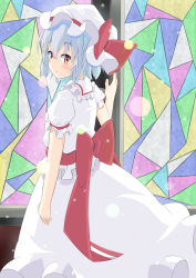 Rule 34 | 1girl, blue hair, dress, hat, light frown, looking at viewer, looking back, mknongr, mob cap, no wings, red eyes, remilia scarlet, sash, short hair, solo, stained glass, touhou