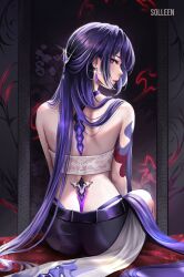 Rule 34 | 1girl, acheron (honkai: star rail), arm tattoo, bandeau, bare back, bare shoulders, commentary, earrings, from behind, highres, honkai: star rail, honkai (series), jewelry, long hair, looking at viewer, looking back, midriff, purple eyes, purple hair, sitting, solleen, solo, tattoo, very long hair, whale tail (clothing)