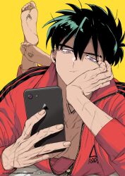 Rule 34 | 1boy, black hair, bored, eyelashes, foot tattoo, hand on own cheek, hand on own face, head rest, jacket, looking at phone, lying, male focus, messy hair, on stomach, original, phone, purple eyes, red jacket, scar, scar on hand, thick eyebrows, track jacket, udukiao