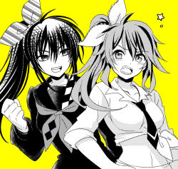 Rule 34 | 2girls, alternate hairstyle, aosa (michikusakan), black hair, black neckwear, black shirt, breasts, clenched hand, collarbone, fangs, hair between eyes, hands on own hips, kamio yui, kamio yui wa kami wo yui, long hair, long sleeves, looking at viewer, medium breasts, monochrome, multiple girls, navel, necktie, open clothes, open shirt, ponytail, sailor collar, school uniform, shirt, sleeves rolled up, smile, tied shirt, white shirt, yellow background, yellow theme