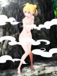 Rule 34 | 10s, 1girl, barefoot, blonde hair, blue eyes, breasts, convenient censoring, covering privates, covering breasts, double bun, feet, fog, hair up, highres, kirisaki chitoge, medium breasts, navel, nisekoi, nude, onsen, open mouth, screencap, smoke, smoke censor, solo, standing