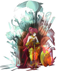 Rule 34 | 1girl, a song of ice and fire, boots, breasts, cleavage, crossover, frown, game of thrones, gorget, gradient background, green eyes, holding, holding sword, holding weapon, iesupa, long hair, ponytail, pyrrha nikos, red hair, rwby, shield, simple background, sitting, solo, sword, throne, weapon, white background