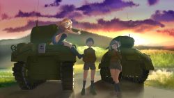 Rule 34 | 10s, 3girls, adjusting clothes, adjusting headwear, alisa (girls und panzer), arm support, black footwear, black shorts, blonde hair, blue eyes, blue shorts, boots, brown eyes, brown footwear, brown hair, brown jacket, cloud, cloudy sky, commentary request, denim, denim shorts, emblem, girls und panzer, grey legwear, hair intakes, hands in pockets, headphones, highres, jacket, kay (girls und panzer), kneehighs, long hair, long sleeves, looking at another, m4 sherman, military, military uniform, military vehicle, motor vehicle, multiple girls, naomi (girls und panzer), open mouth, pointing, saunders (emblem), saunders military uniform, shoes, short hair, short shorts, short twintails, shorts, sitting, sky, smile, socks, standing, star (symbol), sun, sunlight, sunset, tank, twilight, twintails, uniform, very short hair, yaburemono