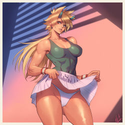 Rule 34 | 1girl, abs, bare arms, bare shoulders, blonde hair, border, breasts, clothes lift, collarbone, commentary request, contrapposto, covered navel, cowboy shot, dark-skinned female, dark skin, earrings, green eyes, green tank top, head tilt, high-waist skirt, highres, hoop earrings, horns, impossible clothes, jewelry, lifting own clothes, long hair, looking at viewer, medium breasts, muscular, muscular female, ogami, oni, oni horns, open mouth, original, outside border, panties, pleated skirt, pointy ears, shiny skin, signature, skirt, skirt lift, solo, standing, sweat, tank top, underwear, white border, white panties, white skirt, wristband