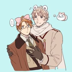 Rule 34 | ..., 2boys, ahoge, america (hetalia), animal ears, axis powers hetalia, bear ears, blonde hair, blue background, blue eyes, blush, bomber jacket, bow, brown gloves, brown jacket, empty eyes, english text, expressionless, fake animal ears, flying sweatdrops, food, gloves, green necktie, grey scarf, hair bow, hand on another&#039;s chest, hand on another&#039;s shoulder, jacket, long coat, looking at another, male focus, mochi, mochimerica (hetalia), multiple boys, necktie, pink bow, russia (hetalia), scarf, smile, speech bubble, spoken ellipsis, to@st, upper body, yaoi