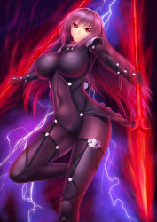 Rule 34 | 1girl, armor, bad id, bad nicoseiga id, bodysuit, breasts, covered erect nipples, dual wielding, electricity, expressionless, fate/grand order, fate (series), gae bolg (fate), glowing, glowing weapon, hair intakes, highres, holding, large breasts, leg up, long hair, looking at viewer, masatoki, parted lips, purple bodysuit, purple hair, red eyes, scathach (fate), shoulder pads, skin tight, solo, sparkle, standing, standing on one leg, teeth, very long hair, weapon