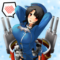 Rule 34 | 1girl, arms behind head, ascot, beret, black gloves, black hair, blue hat, blush, breasts, cloud, cloudy sky, day, garter straps, gloves, hat, heart, jacket, kantai collection, large breasts, long hair, looking at viewer, machinery, mice (sake nomitai), military, military uniform, open mouth, red eyes, rigging, short hair, skirt, sky, smile, solo, takao (kancolle), thighhighs, uniform