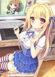 Rule 34 | 2girls, blonde hair, breasts, brown hair, computer, drawing tablet, hair ribbon, highres, large breasts, long hair, multicolored stripes, multiple girls, original, red eyes, ribbon, sitting, striped clothes, striped legwear, striped thighhighs, stylus, taiki ken, thighhighs, wacom, white theme