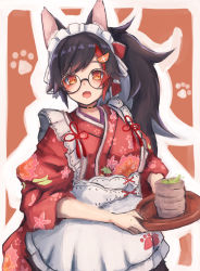 Rule 34 | 1girl, absurdres, alternate costume, animal ear fluff, animal ears, black hair, choker, frills, glasses, hair ornament, hairclip, highres, hololive, huge filesize, inre kemomimi, long hair, looking at viewer, maid headdress, ookami mio, ookami mio (new year), open mouth, orange eyes, paw print, paw print pattern, ponytail, round eyewear, solo, virtual youtuber, wolf ears, wolf girl