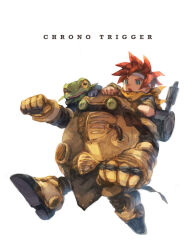 Rule 34 | 1other, 2boys, abovesealevel 0, blue eyes, chrono trigger, colored sclera, copyright name, crono (chrono trigger), frog (chrono trigger), gloves, headband, highres, multiple boys, red hair, robo (chrono trigger), robot, scarf, simple background, spiked hair, white background, white headband, yellow scarf, yellow sclera