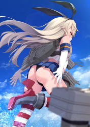 Rule 34 | 1girl, ass, black panties, blonde hair, blue skirt, blue sky, blush, cloud, commentary request, crop top, day, elbow gloves, from behind, gloves, grey eyes, hair ornament, hairband, kantai collection, leg up, long hair, microskirt, mofu namako, outdoors, panties, pantyshot, pleated skirt, rensouhou-chan, ribbon, rigging, rudder footwear, sailor collar, school uniform, serafuku, shimakaze (kancolle), skindentation, skirt, sky, standing, standing on one leg, striped clothes, striped thighhighs, thighhighs, thong, torpedo launcher, torpedo tubes, underwear, water, white gloves