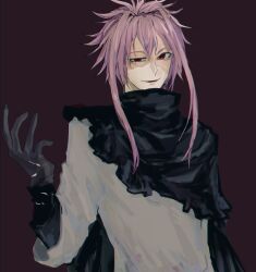 Rule 34 | 1boy, black cape, black gloves, cape, chinese commentary, commentary request, gloves, grey shirt, hair between eyes, hair intakes, hand up, long sleeves, male focus, nijou ryuu, parted lips, patchwork skin, pink hair, purple background, red eyes, saibou shinkyoku, shirt, short hair with long locks, simple background, smile, solo, torn cape, torn clothes, torn gloves, uneven eyes, yuyuyuyu931