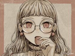 Rule 34 | 1girl, artist name, border, buttons, commentary, earrings, eating, eyelashes, food, food in mouth, fruit, glasses, grey background, hand up, highres, holding, holding food, holding fruit, jewelry, karasane03, light blush, long hair, looking at viewer, original, outside border, partially colored, pink border, pink eyes, pink nails, portrait, print shirt, round eyewear, shirt, solo, straight-on, strawberry, wavy hair