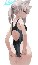 Rule 34 | 1girl, adjusting clothes, adjusting swimsuit, animal ear fluff, animal ears, ass, black one-piece swimsuit, blue archive, blue eyes, blush, cat ears, clothes pull, competition swimsuit, from behind, grey hair, highleg, highleg swimsuit, highres, long hair, looking back, nail polish, one-piece swimsuit, one-piece swimsuit pull, ponytail, pulled by self, sabashi, shiroko (blue archive), simple background, solo, swimsuit, thighs, wet, wet clothes, wet swimsuit, white background
