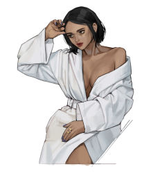 Rule 34 | 1girl, arm up, black hair, breasts, cleavage, cowboy shot, jewelry, long sleeves, medium breasts, nail polish, naked robe, off shoulder, original, purple nails, ring, rinotuna, robe, short hair, simple background, solo, white background, white robe