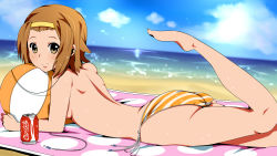 Rule 34 | 1girl, absurdres, artistic error, ass, bad id, bad pixiv id, ball, barefoot, beach, beachball, bikini, breasts, brown eyes, brown hair, can, coca-cola, day, drink can, earbuds, earphones, feet, hairband, highres, k-on!, lying, medium breasts, on stomach, outdoors, parsley-f, product placement, short hair, soda can, solo, striped bikini, striped clothes, swimsuit, tainaka ritsu, topfreedom, topless