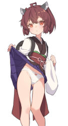 Rule 34 | 1girl, ahoge, backpack, bag, blush, brown hair, clothes lift, commentary request, expressionless, feet out of frame, headgear, highres, japanese clothes, kimono, lifting own clothes, looking at viewer, obi, panties, purple skirt, red eyes, sash, short hair, short kimono, simple background, skirt, skirt lift, solo, touhoku kiritan, underwear, voiceroid, white background, white kimono, white panties, yamamomo (plank)