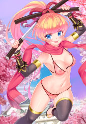 Rule 34 | 1girl, bare shoulders, bikini, black gloves, black thighhighs, blonde hair, blue eyes, blush, breasts, cameltoe, cherry blossoms, cleavage, covered erect nipples, elbow gloves, fingerless gloves, gloves, hair ribbon, highres, katana, long hair, looking at viewer, lucknight, navel, ninja, nipples, original, pink bikini, pink theme, ponytail, red scarf, ribbon, scarf, see-through, shiny skin, smile, solo, strap gap, swimsuit, sword, thighhighs, tongue, tongue out, weapon