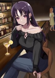 Rule 34 | 1girl, absurdres, aged up, bar (place), black shirt, bottle, cocktail glass, commentary request, cup, drink, drinking glass, earrings, food, fruit, highres, indoors, jewelry, kazuno sarah, lemon, long hair, long sleeves, looking at viewer, love live!, love live! sunshine!!, nail polish, pants, purple hair, red eyes, shirt, sitting, smile, sumireneko1231
