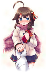 Rule 34 | 10s, 1boy, 1girl, :o, absurdres, admiral (kancolle), ahoge, black hair, black skirt, blue eyes, blush, braid, buttons, chestnut mouth, coat, gift, glint, gloves, gradient background, hair ornament, hairclip, hairpin, highres, jewelry, kanon (kurogane knights), kantai collection, long sleeves, looking at viewer, miniskirt, nose blush, open mouth, pocket, pov, red scarf, ring, scarf, shigure (kancolle), single braid, skirt, solo focus, standing, valentine, wedding band, wedding ring, white gloves