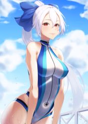 Rule 34 | 1girl, absurdres, blue bow, blue one-piece swimsuit, blue sky, blush, bow, breasts, closed mouth, competition swimsuit, day, fate/grand order, fate (series), hair between eyes, hair bow, highleg, highleg swimsuit, highres, large breasts, long hair, looking at viewer, one-piece swimsuit, ponytail, red eyes, silver hair, silver tokki, sky, smile, solo, swimsuit, tomoe gozen (fate), tomoe gozen (swimsuit saber) (fate), tomoe gozen (swimsuit saber) (first ascension) (fate), two-tone swimsuit, wet, white one-piece swimsuit