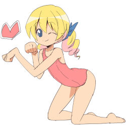 Rule 34 | 1girl, all fours, barefoot, blonde hair, blue eyes, braid, child, full body, long hair, nemuro nao, one-piece swimsuit, one eye closed, pani poni dash!, paw pose, rebecca miyamoto, school swimsuit, solo, swimsuit, twin braids, wink