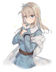 Rule 34 | 1girl, bad id, bad twitter id, belt, blonde hair, blue eyes, blue jacket, blush, breasts, buttons, closed mouth, double-breasted, fur-trimmed jacket, fur trim, girls&#039; frontline, hair between eyes, hair ornament, hairband, head tilt, jacket, long sleeves, looking at viewer, medium breasts, medium hair, sabet (young ouo), solo, suomi (girls&#039; frontline), white background