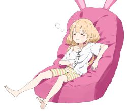 Rule 34 | 1girl, absurdres, bare shoulders, bean bag chair, blonde hair, blush, closed eyes, full body, futaba anzu, highres, idolmaster, idolmaster cinderella girls, long hair, low twintails, nyum, official art, shirt, short sleeves, shorts, simple background, sitting, solo, striped clothes, striped shorts, twintails, white background, white shirt, you work you lose
