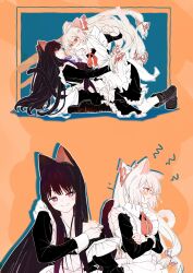 Rule 34 | 2girls, alternate costume, anger vein, animal ears, apron, black dress, black footwear, black hair, blue neckerchief, blush, boots, bow, bright pupils, cat ears, cat tail, collarbone, commentary, crossed arms, dress, enmaided, frilled dress, frills, fujiwara no mokou, grin, hair bow, highres, houraisan kaguya, kemonomimi mode, long hair, looking at another, maid, maid apron, multiple girls, neckerchief, purple eyes, red bow, red eyes, red neckerchief, sleeve cuffs, smile, tail, teeth, touhou, very long hair, white hair, white pupils, ydpfa